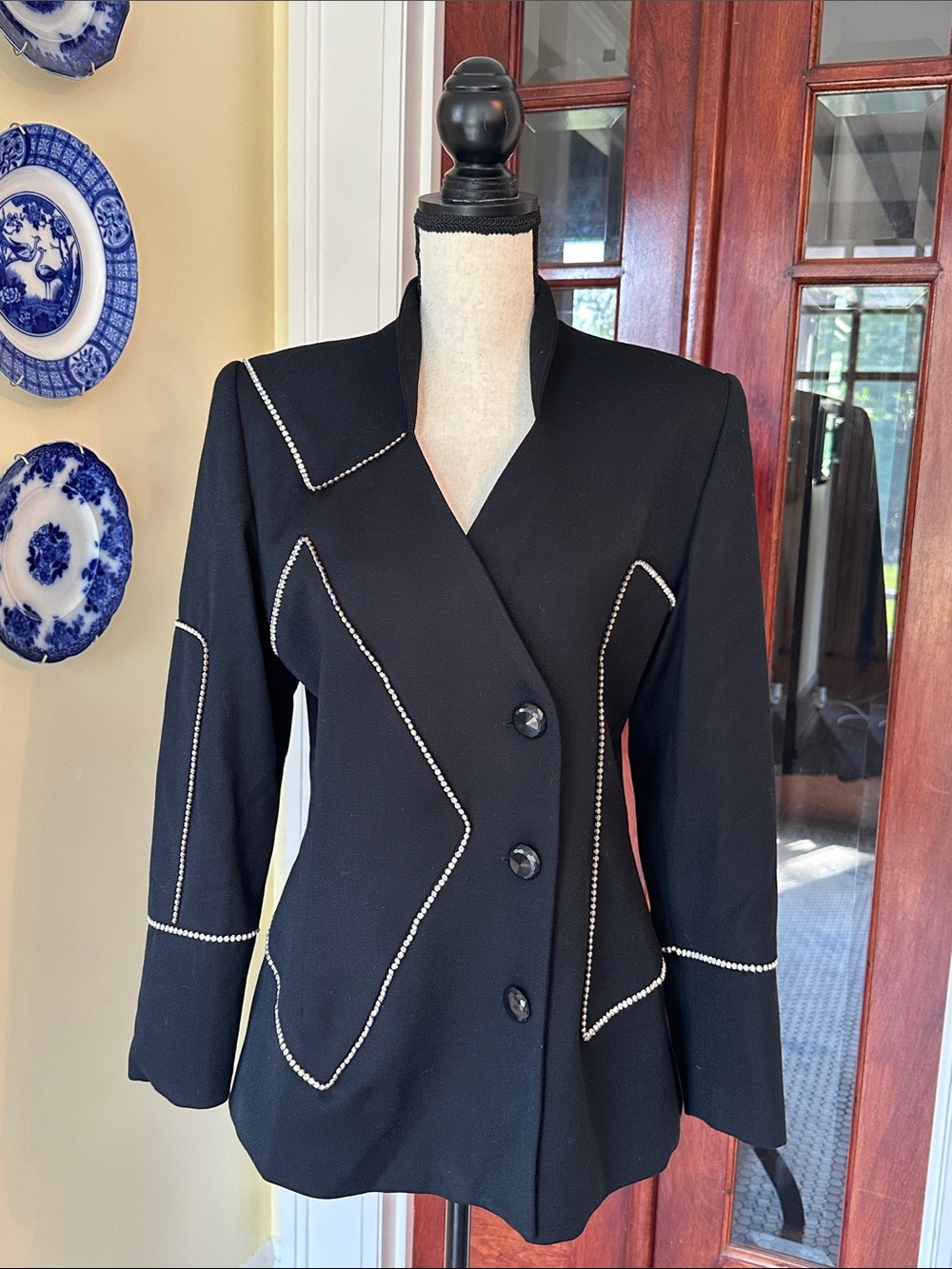 Alberto Makali | Chic Vintage Black Wool Rhinestone Trim Evening Jacket, Size 12